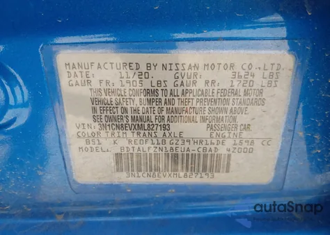 2021 Nissan Versa Sv Xtronic Cvt z USA, uszkodzony, nr VIN 3N1CN8EVXML827193